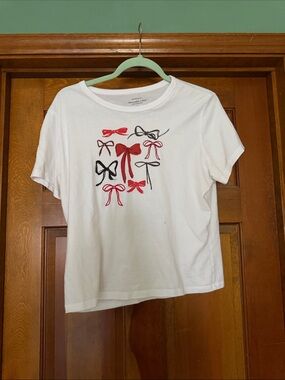 Abercrombie & Fitch White Tee with Red and Black Bow Graphics